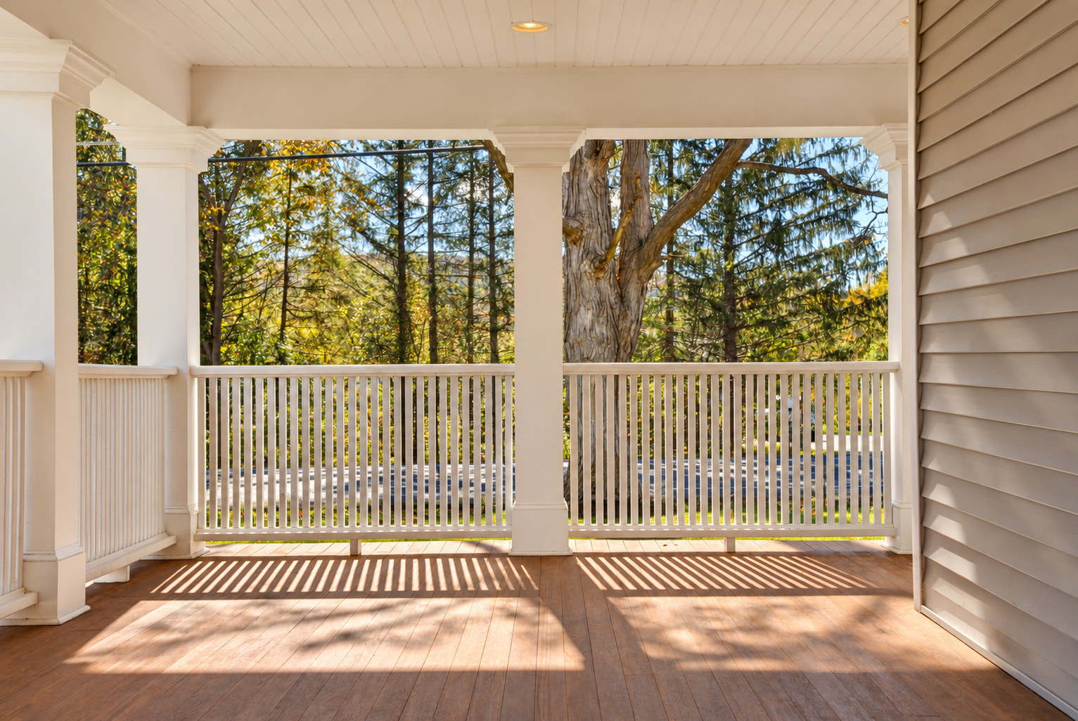 Sunlight and tree shadows across the covered porch